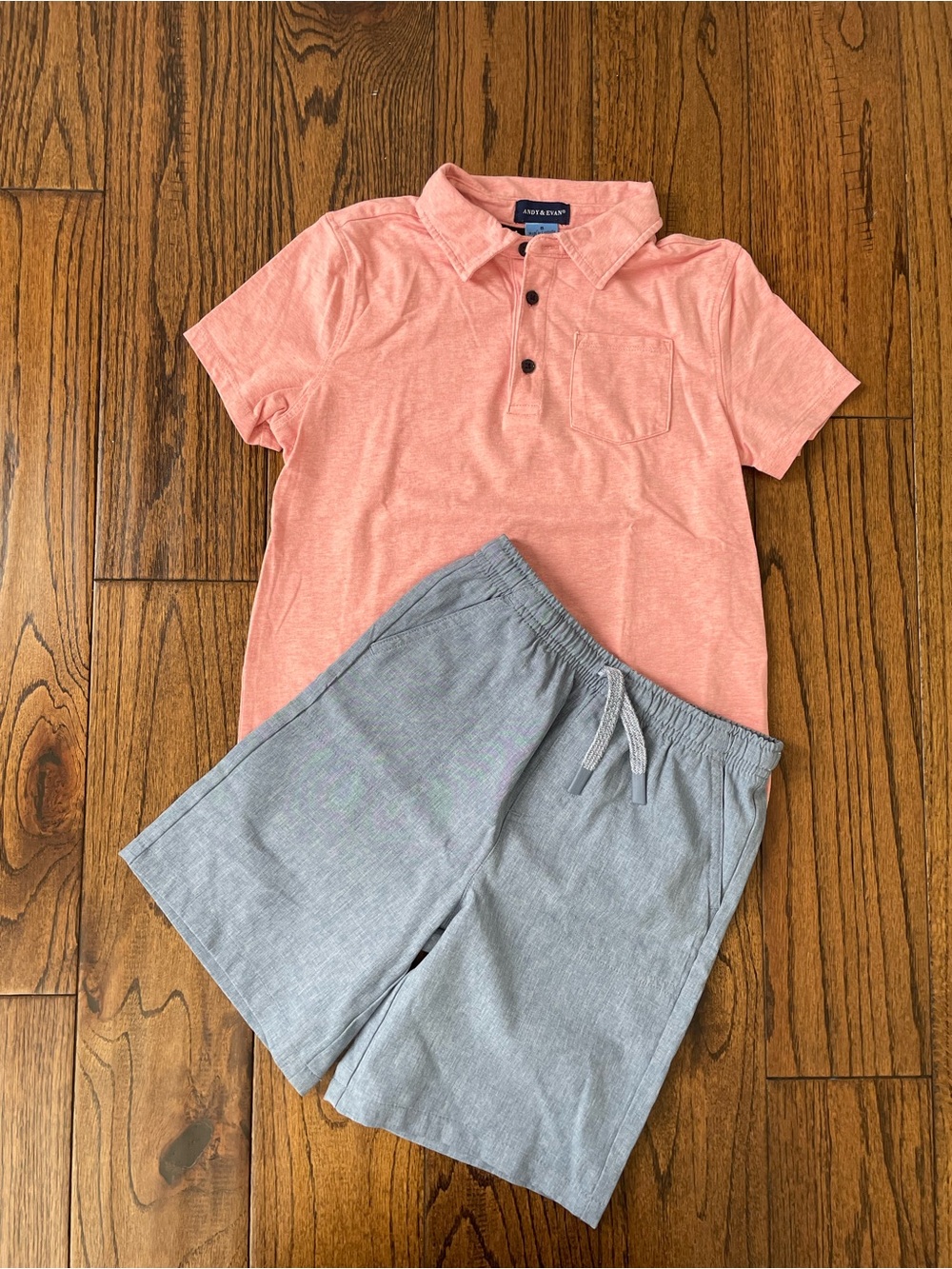 Andy & Evan Peach Polo Top with Light Gray Drawstring Shorts